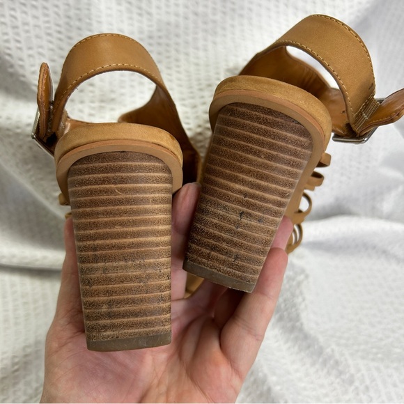 Vince Camuto 8 38 Peek Toe Stacked Square Heel Leather Braid VC-ANKARA Caramel - Picture 5 of 8